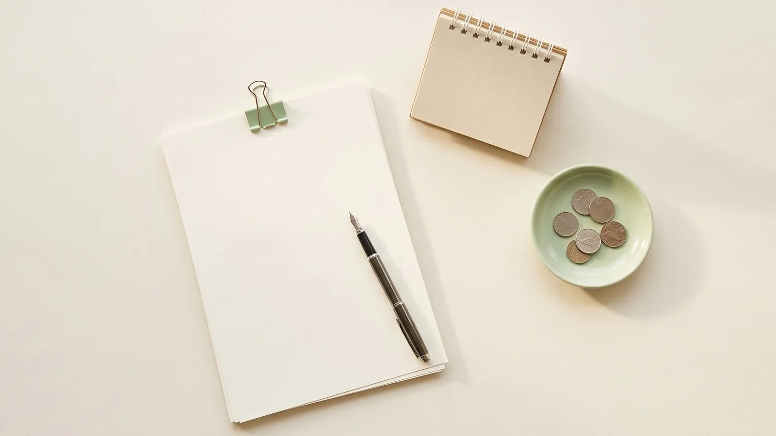 Blank paper stack with a binder clip and fountain pen beside a small calendar block and a dish of coins